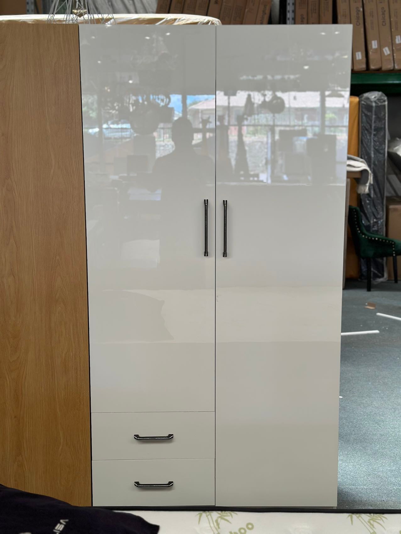 Tyler 2 Door Wardrobe With Drawers in Glossy White