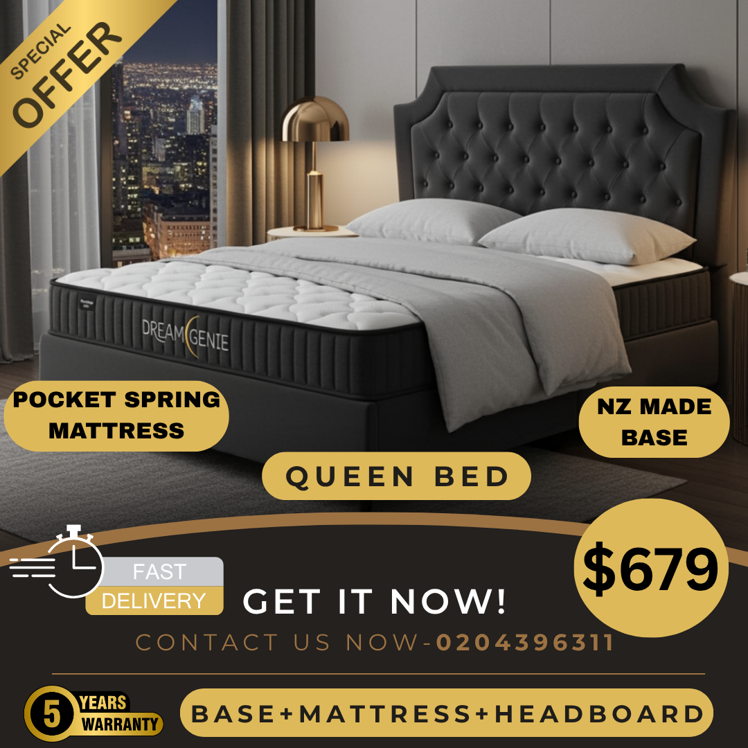 Queen Bed With Pocket Spring Mattress & Headboard In Black