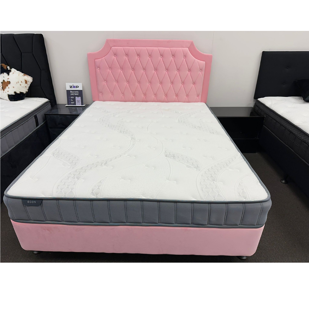 Queen Bed With Pocket Spring Mattress & Headboard In Pink Velvet
