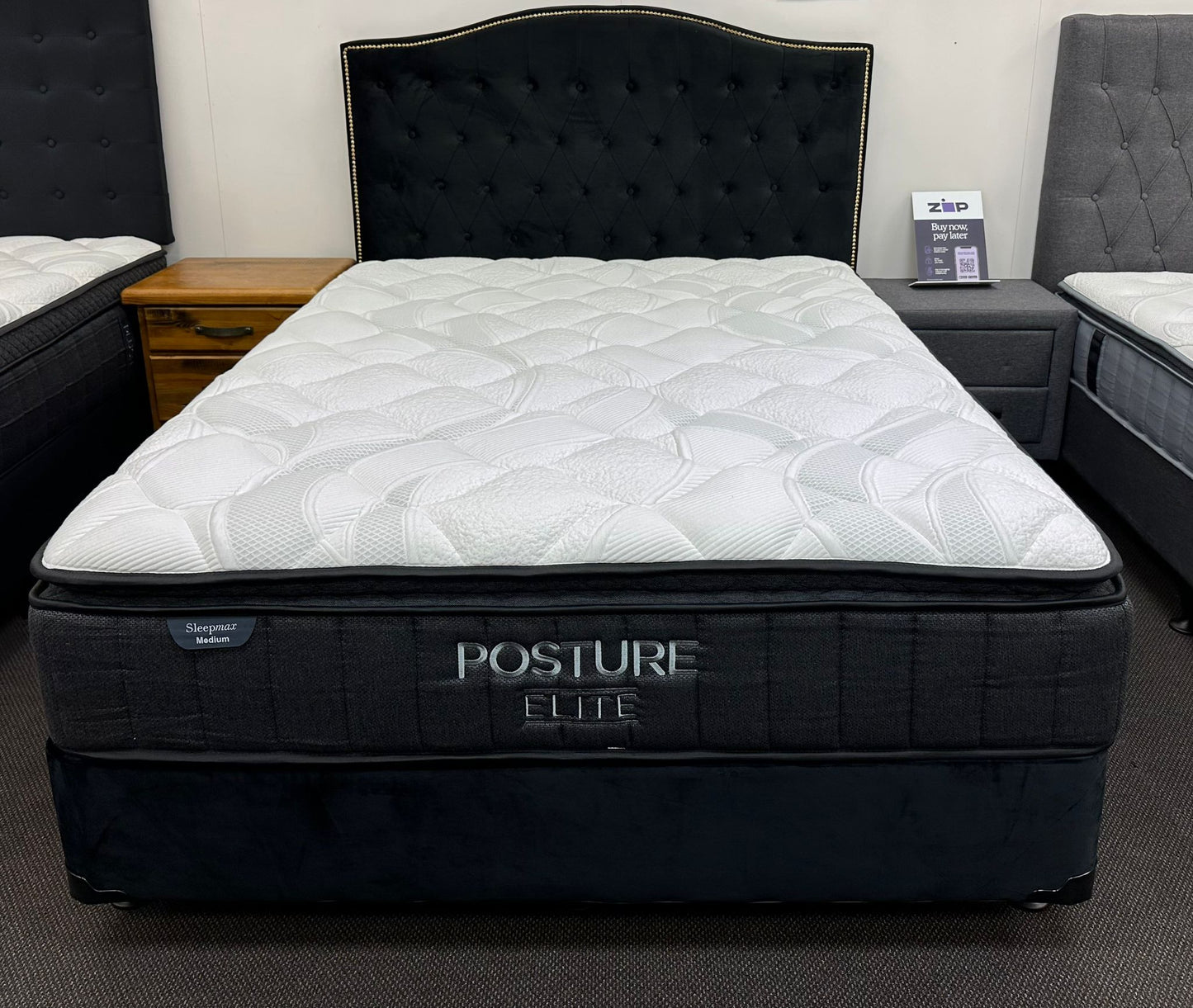 Queen Bed in Black Velvet With Posture Elite Medium Firm Mattress