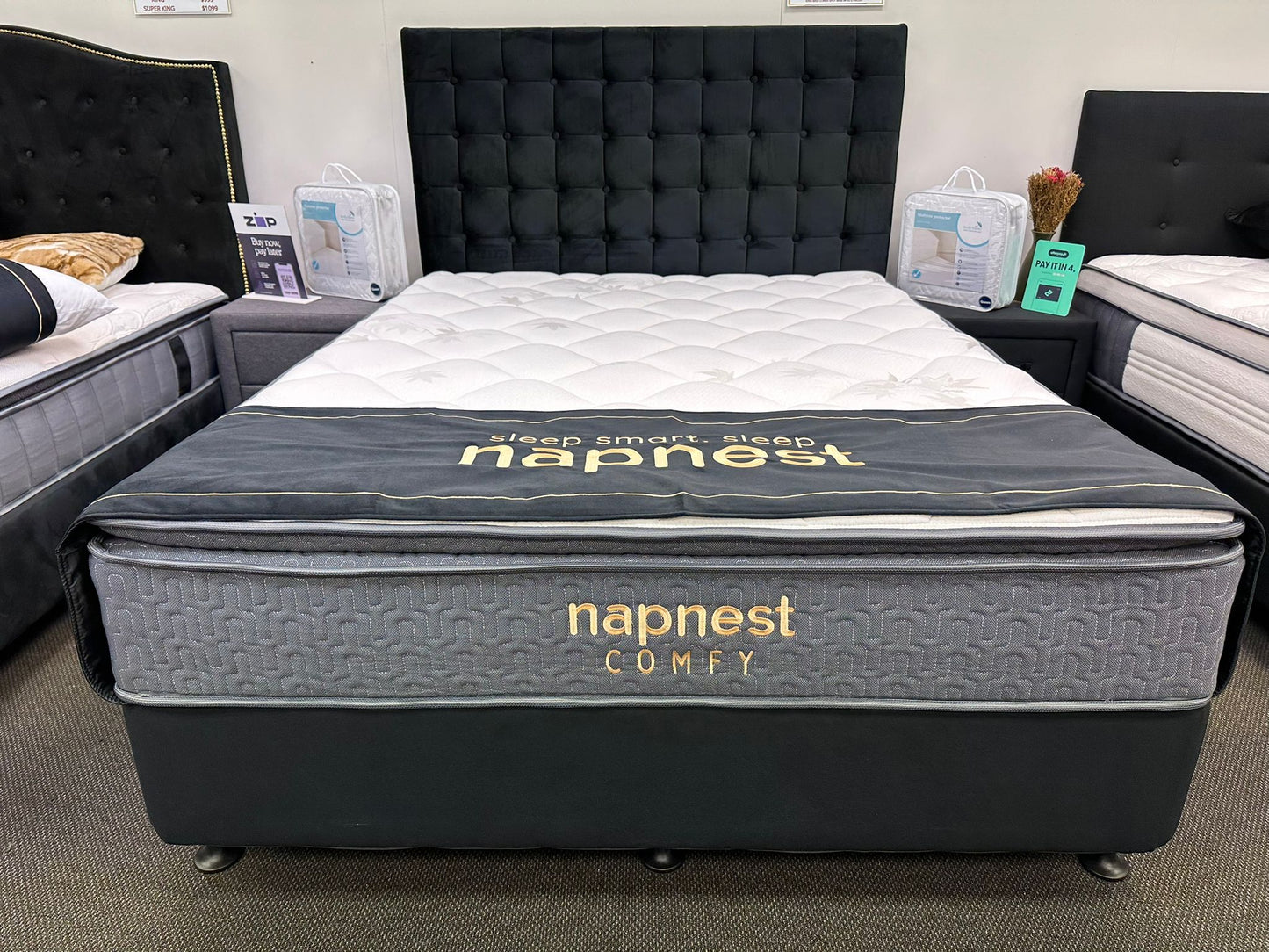 Queen Bed With Pocket Spring Pillow Top Mattress & Headboard In Black