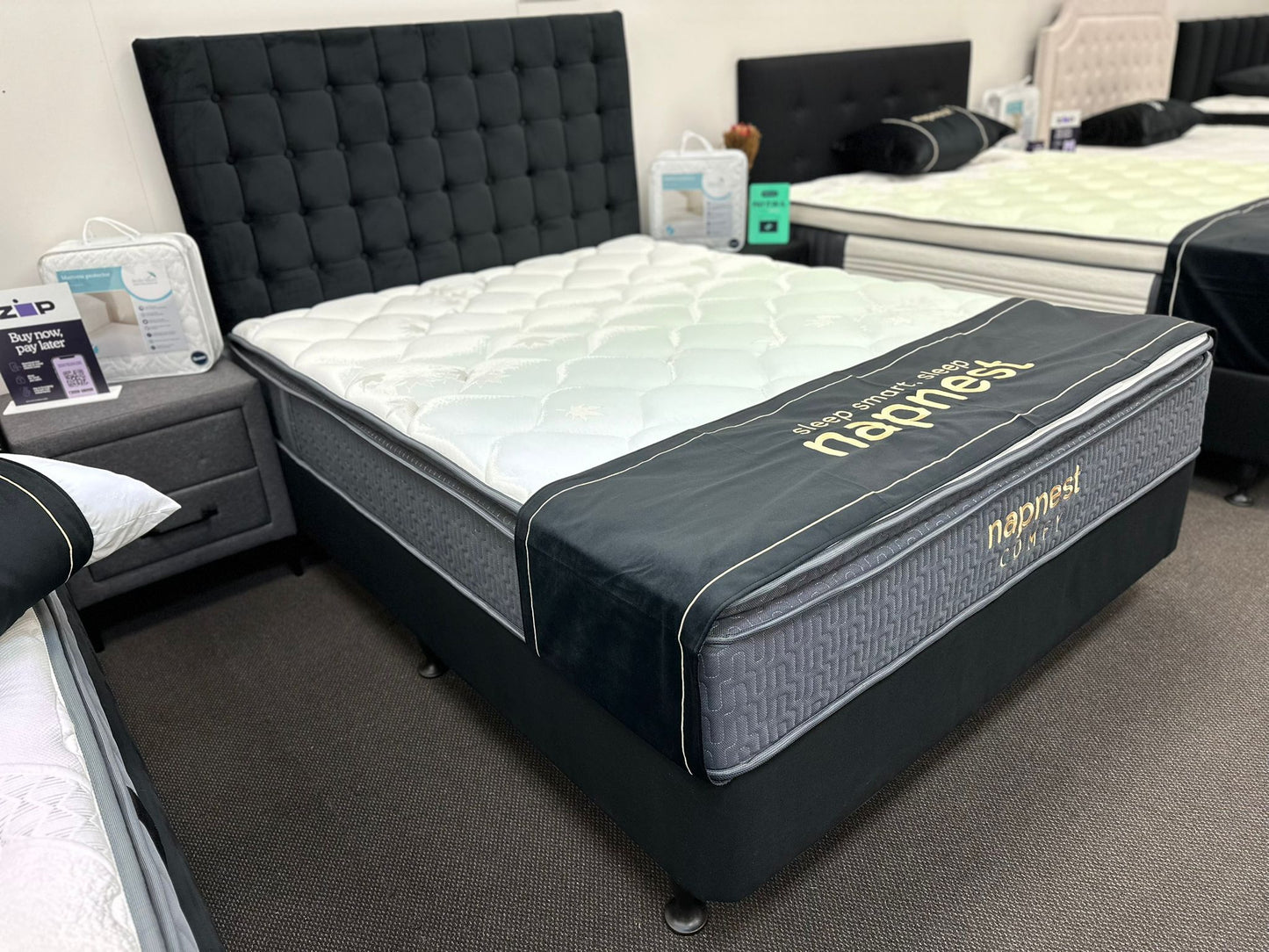 Queen Bed With Pocket Spring Pillow Top Mattress & Headboard In Black