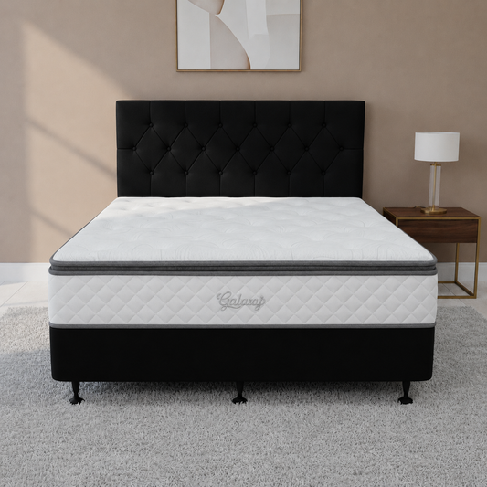 Queen Base With Pocket Spring Pillow Top Mattress & Headboard in Black