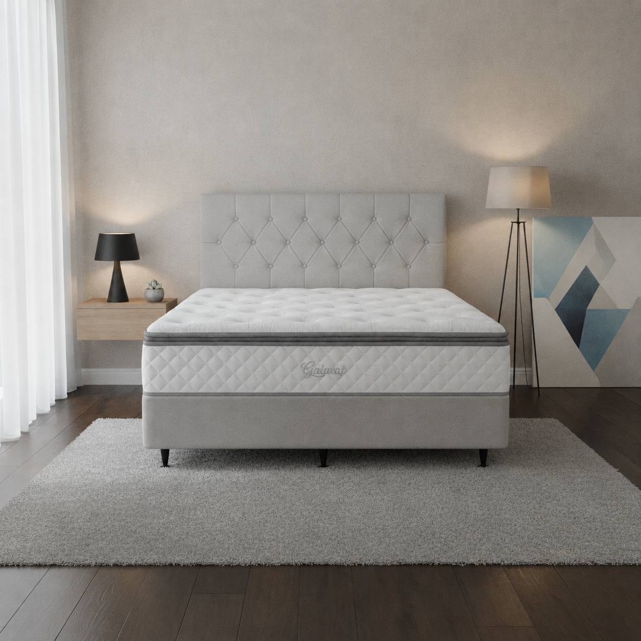 Queen Base With Pocket Spring Pillow Top Mattress & Headboard in Grey