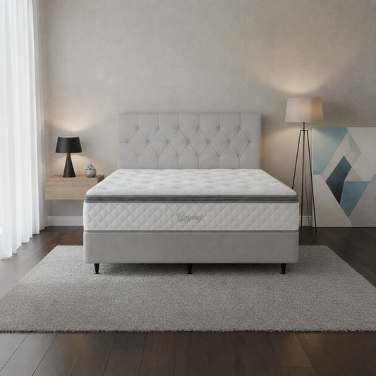 Queen Base With Pocket Spring Pillow Top Mattress & Headboard in Grey