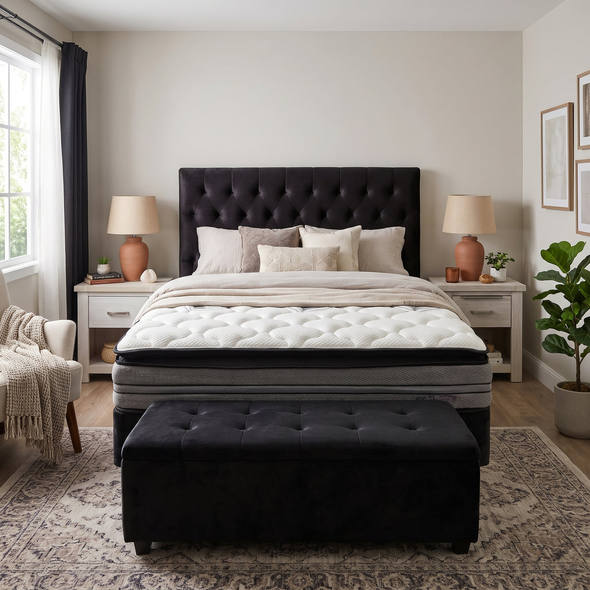 NZ Made Base with Omega Medium Pocket Spring Pillow Top Mattress & Headboard