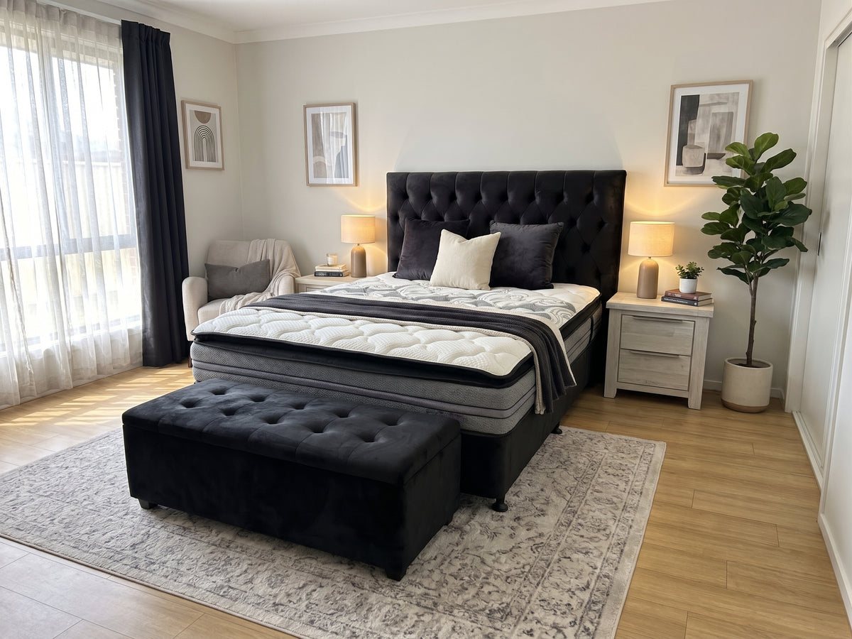 NZ Made Base with Omega Medium Pocket Spring Pillow Top Mattress & Headboard