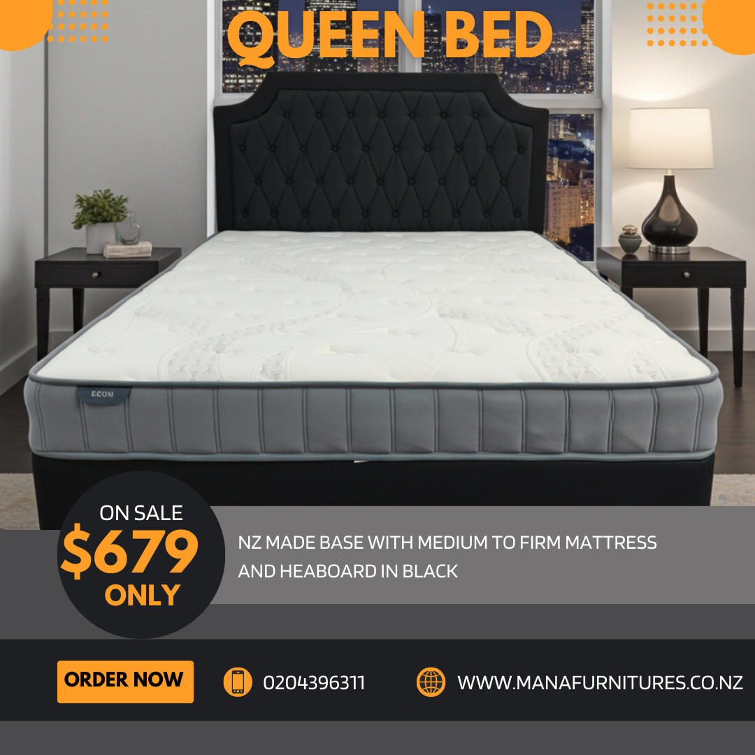 Queen Bed With Econ Mattress & Headboard In Black