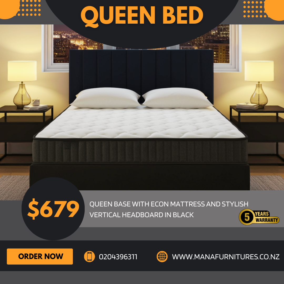 Queen Bed With Econ Mattress & Vertical Headboard In Black