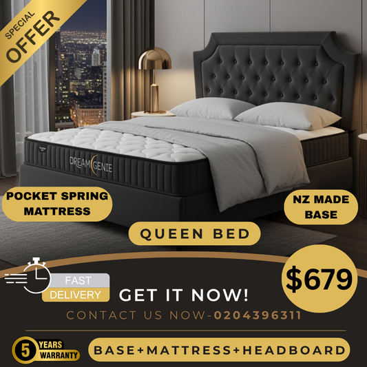 Queen Bed With Pocket Spring Mattress & Headboard In Black