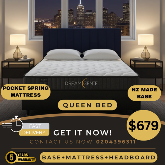 Queen Bed With Pocket Spring Mattress & Vertical Headboard In Black