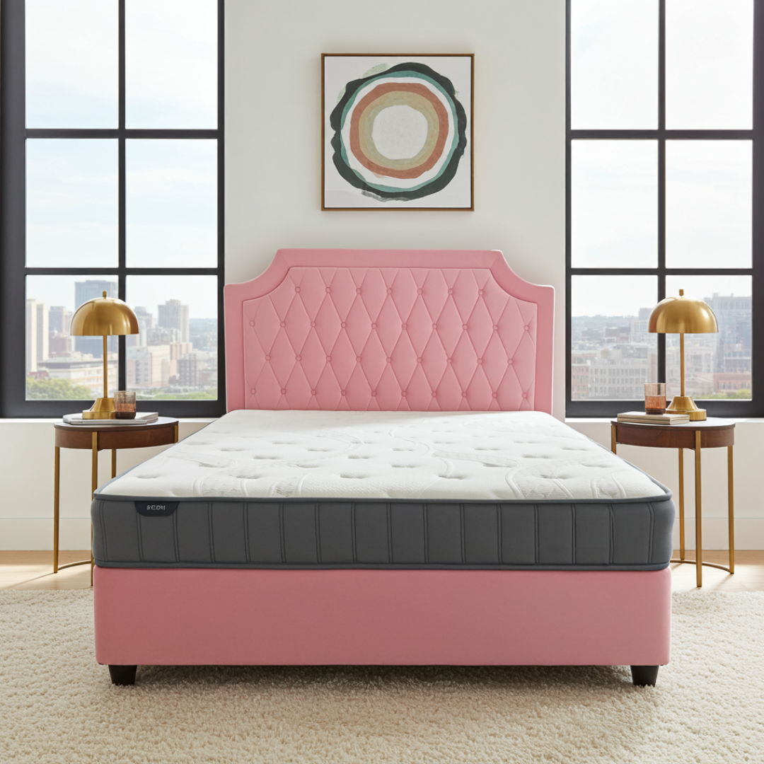 Queen Bed With Pocket Spring Mattress & Headboard In Pink Velvet