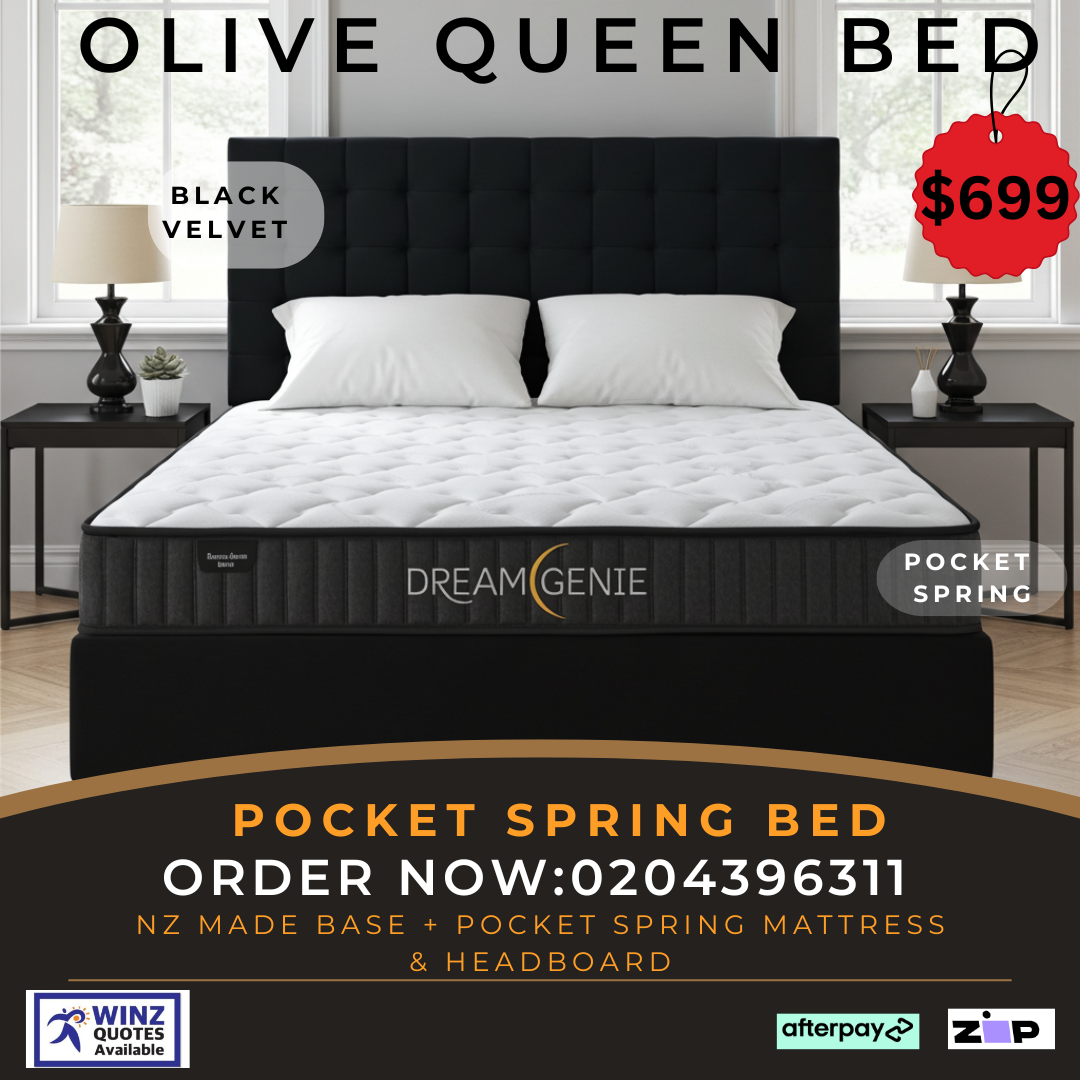 Olive Queen Bed With Pocket Spring Mattress & Headboard