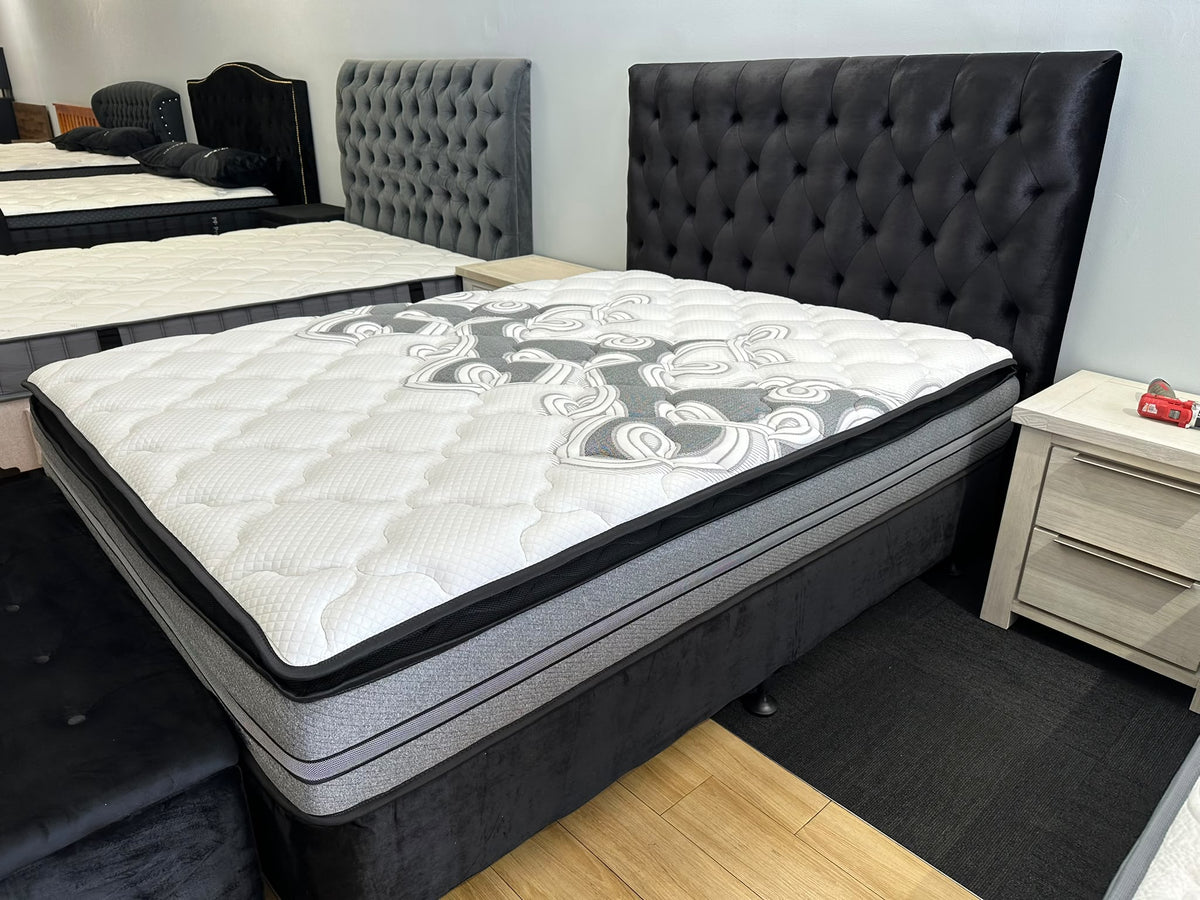 NZ Made Base with Omega Medium Pocket Spring Pillow Top Mattress & Headboard