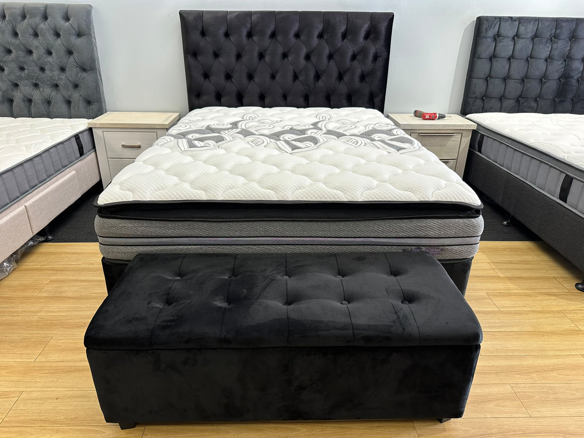 NZ Made Base with Omega Medium Pocket Spring Pillow Top Mattress & Headboard