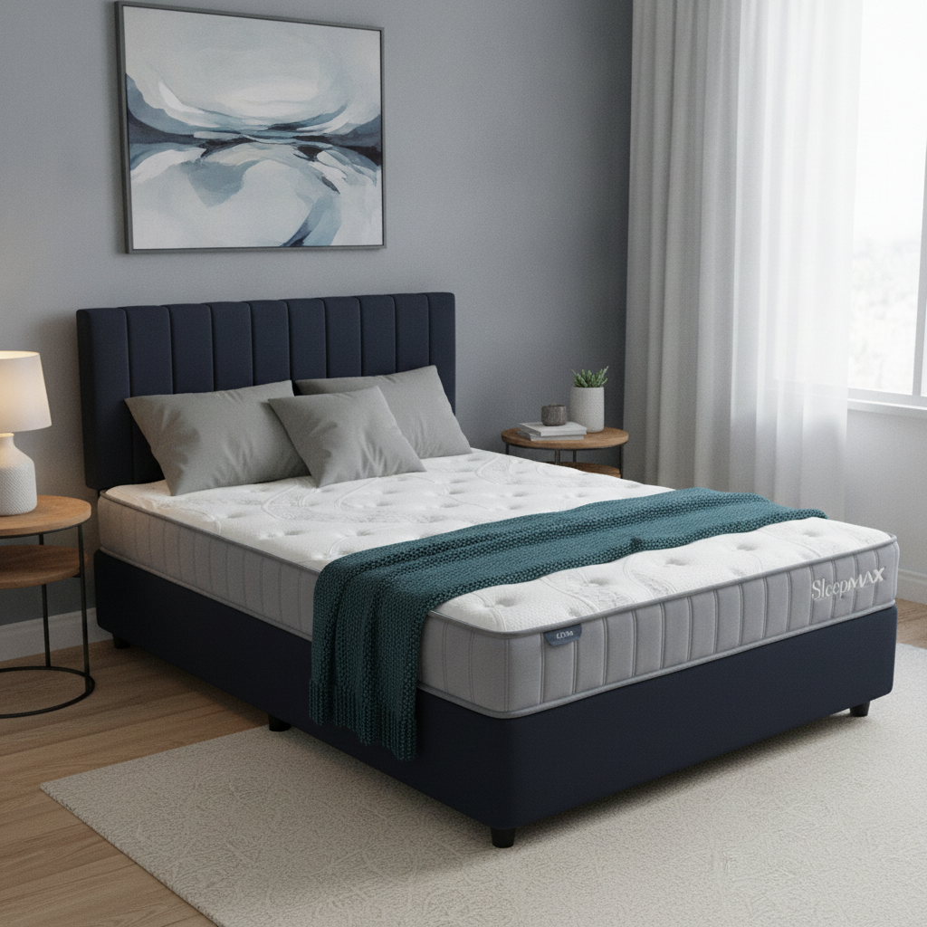 Queen Bed With Econ Mattress & Vertical Headboard In Black
