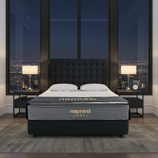 Queen Bed With Pocket Spring Pillow Top Mattress & Headboard In Black