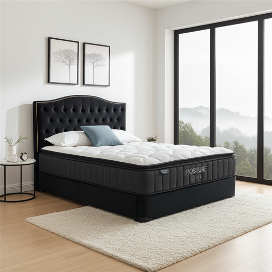Queen Bed in Black Velvet With Posture Elite Medium Firm Mattress